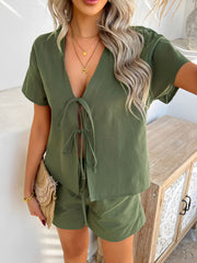 Moss linen tie-front top and shorts set with short sleeves and deep V-neckline