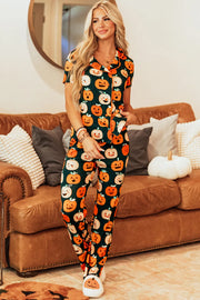 Adult pumpkin patch pajama set with short sleeves and button-up top in orange.