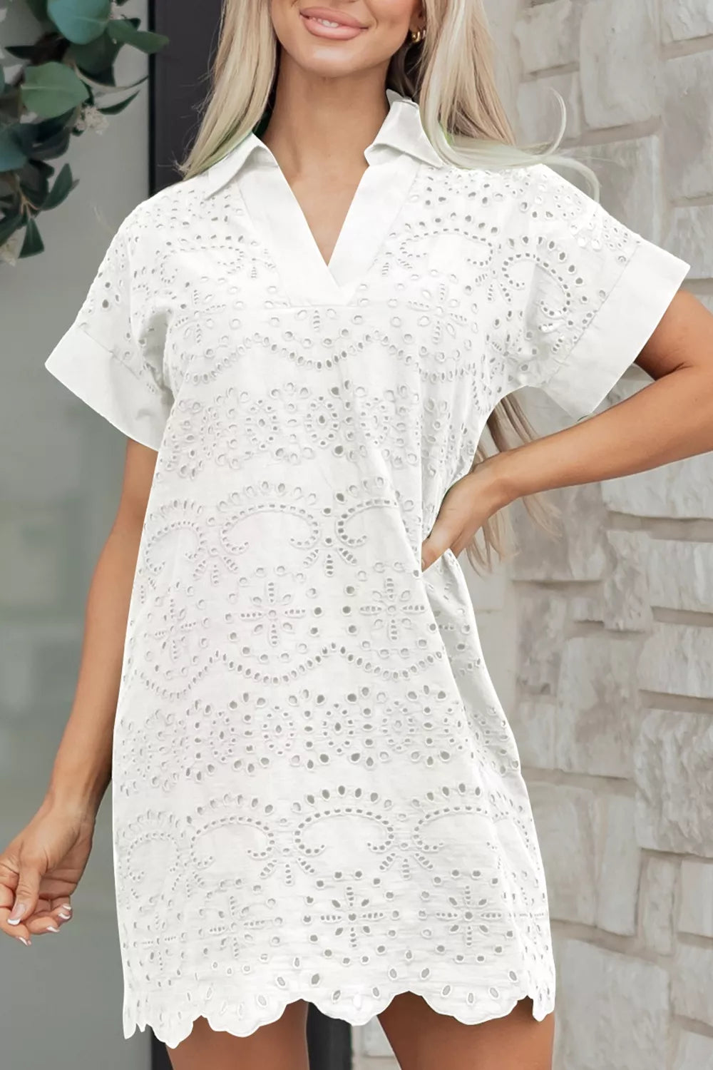 White eyelet embroidered mini dress with V-neck and short sleeves.