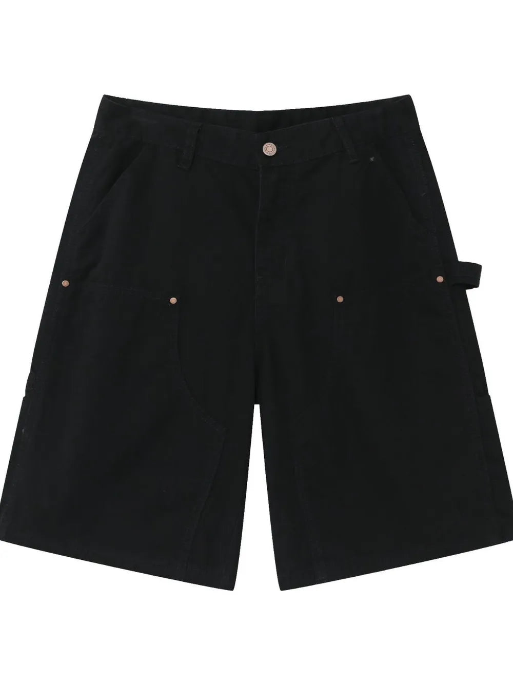 Black denim carpenter shorts with button fly and utility loop.