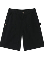 Black denim carpenter shorts with button fly and utility loop.