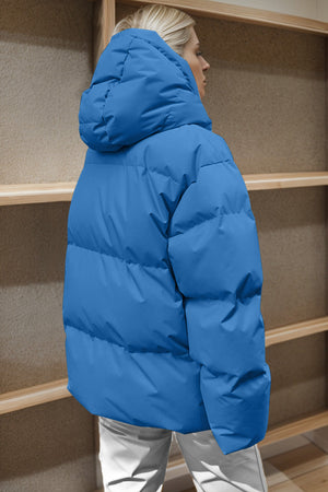 Azure oversized puffer jacket with hood and horizontal quilting.