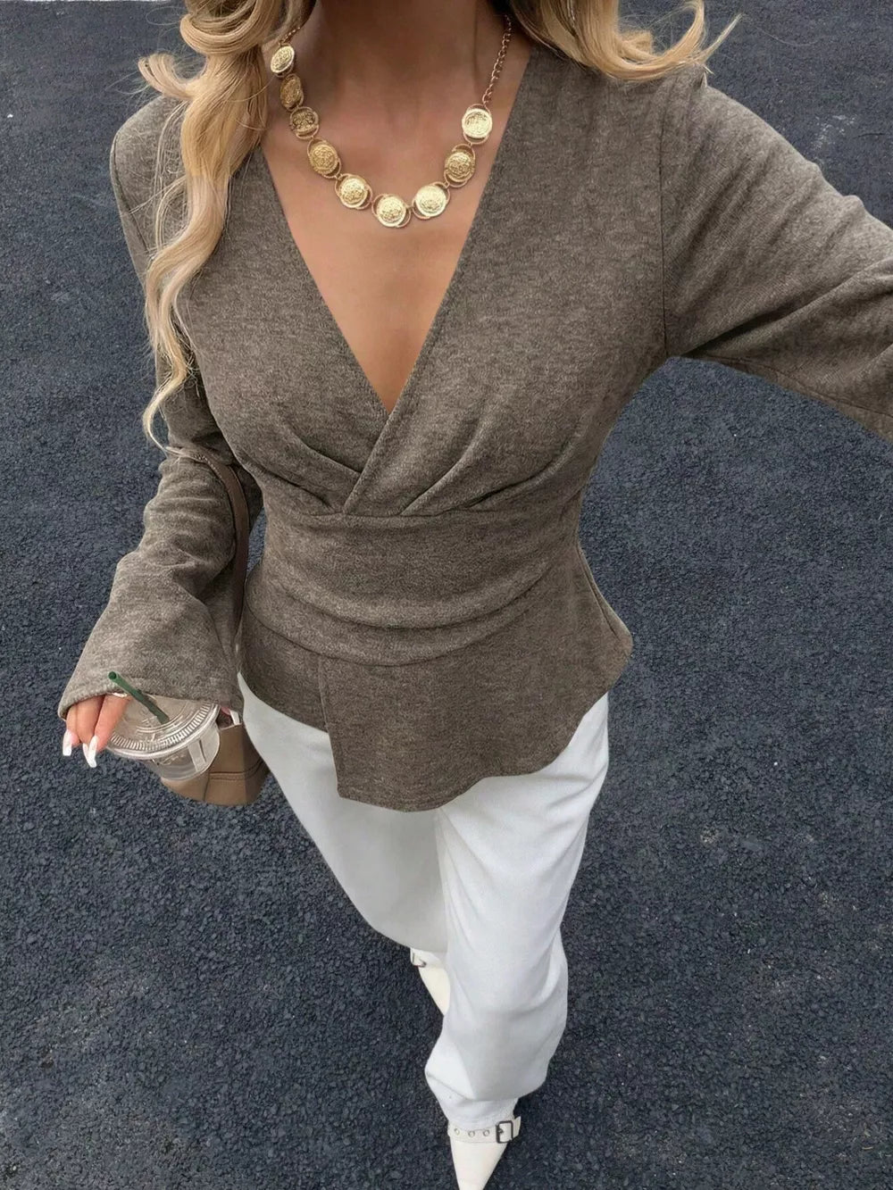 Elegant V-neck Wrap Asymmetrical Blouse in Milky White, front view