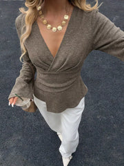Elegant V-neck Wrap Asymmetrical Blouse in Milky White, front view