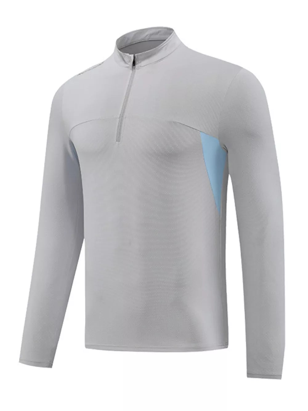 Men's light gray long sleeve activewear tee with quarter zip and sky blue side panel.
