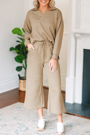 Tan textured polo top and wide-leg culottes outfit set with drawstring waist