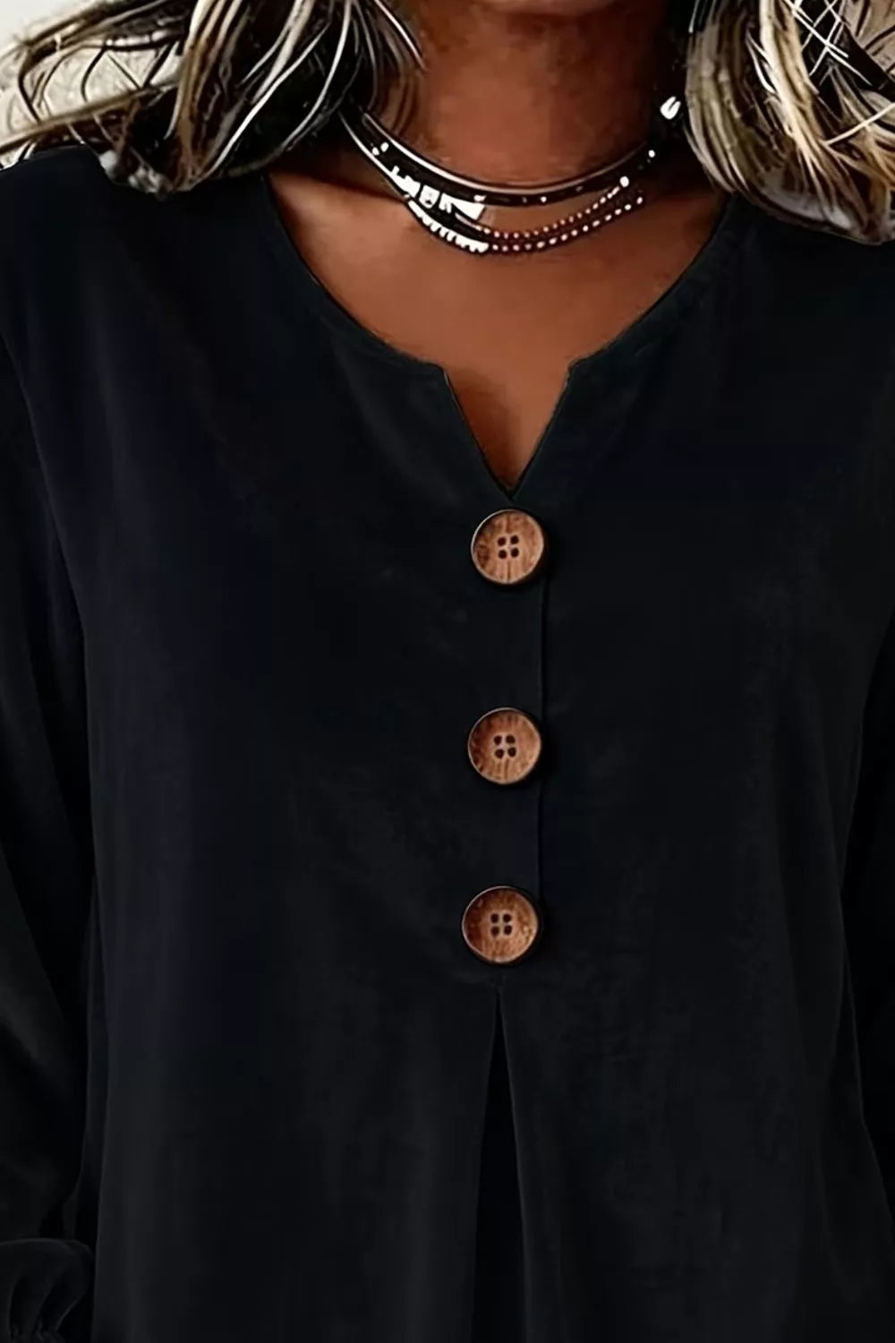 Velvet Button Decor Blouse With Ruffled Cuffs in Black, fit detail