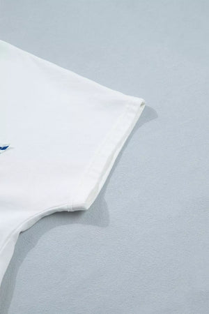 White cotton maternity tee with star applique and notched neckline detail.
