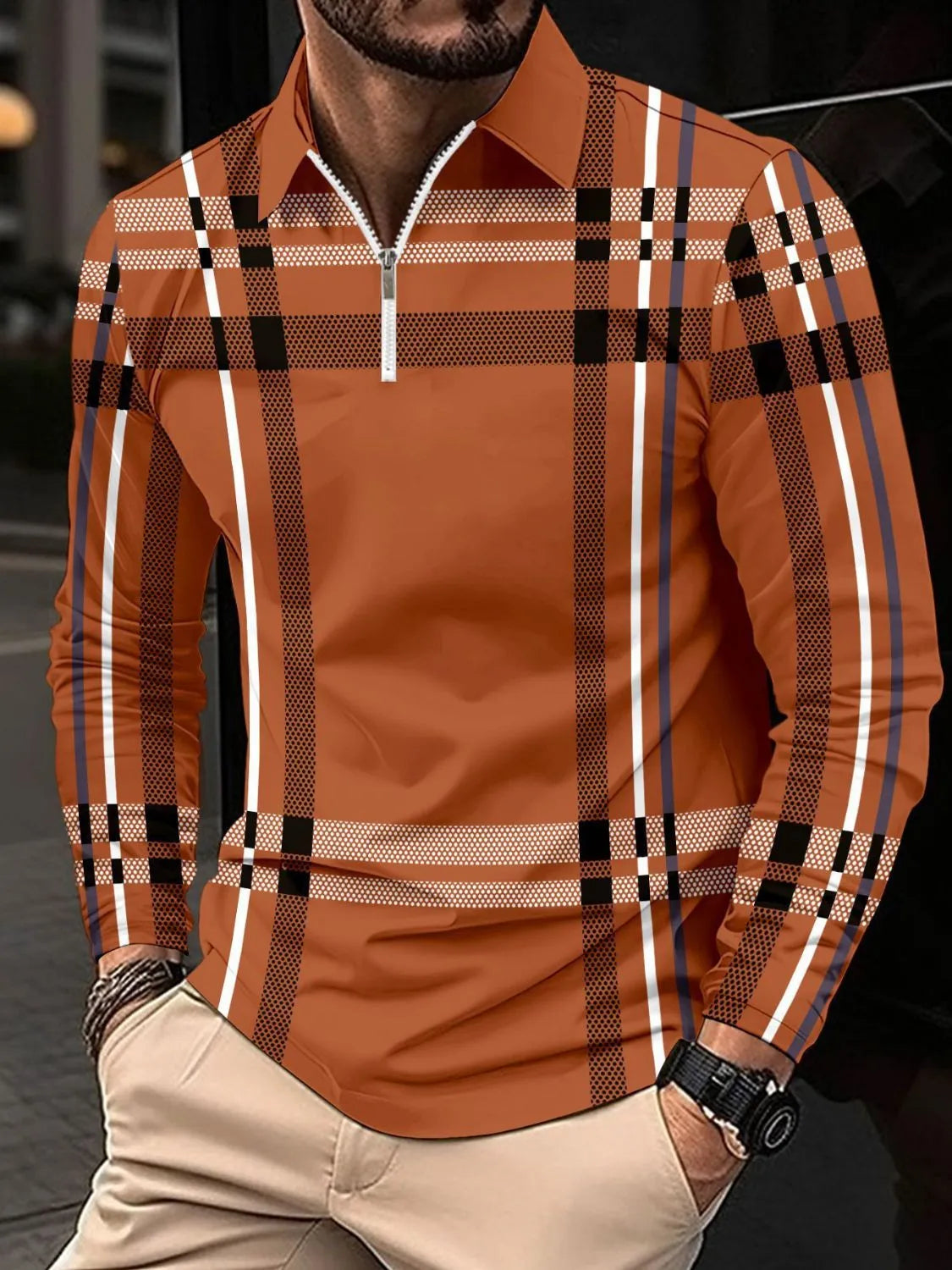 Graphic plaid zip polo shirt in Caramel with long sleeves and a white zipper.