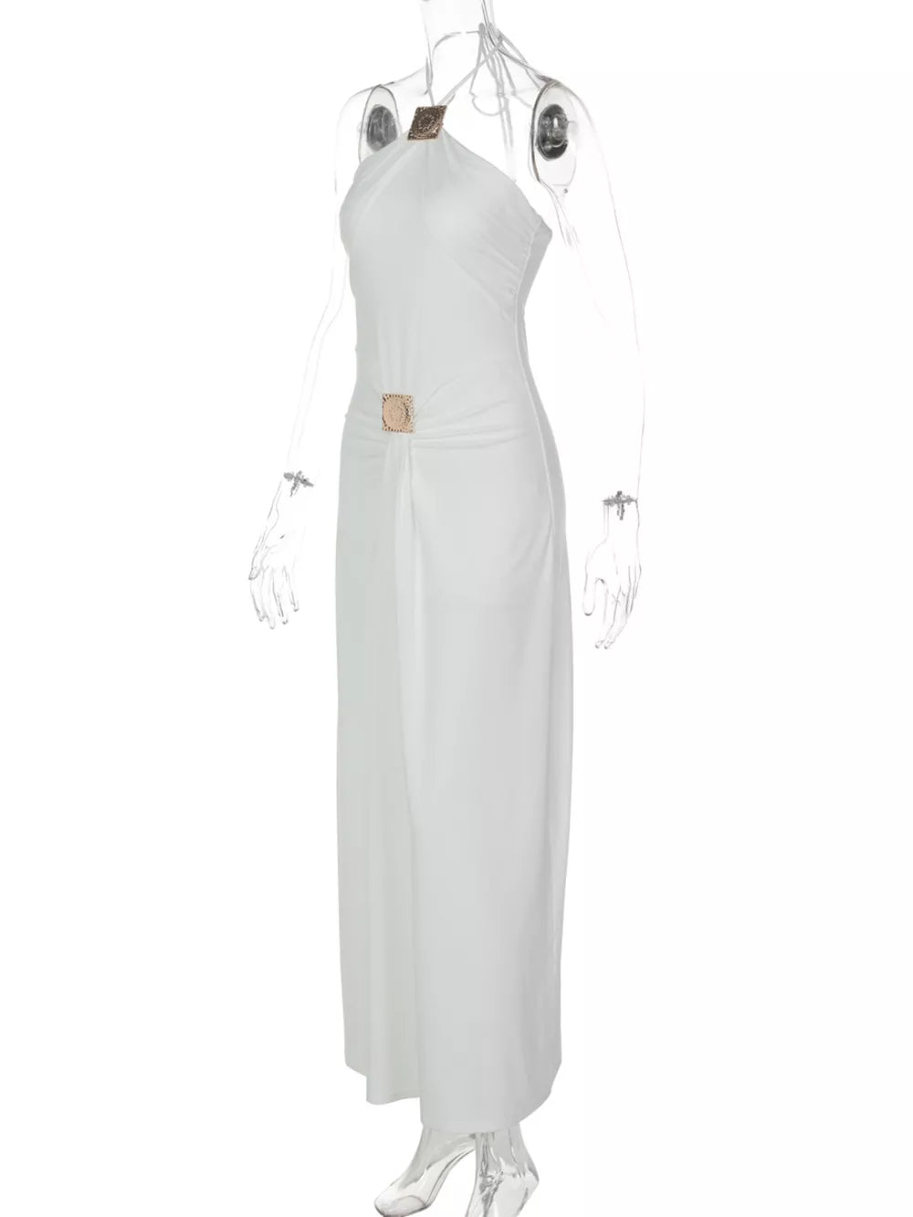 White halter neck ruched maxi dress with gold square embellishments at neckline and waist