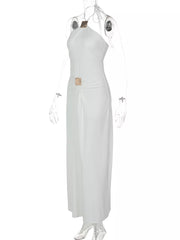 White halter neck ruched maxi dress with gold square embellishments at neckline and waist