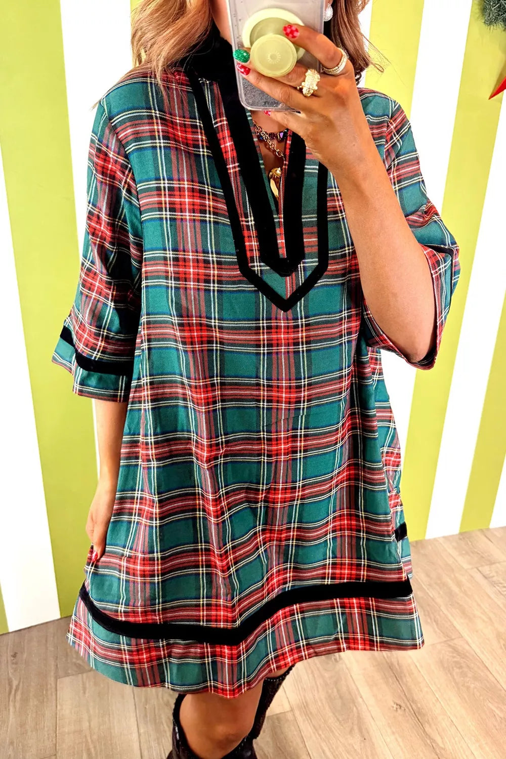 Plaid Velvet Trim Short Shift Dress in Plaid, side view