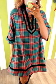 Plaid Velvet Trim Short Shift Dress in Plaid, side view