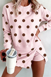 Polka Dot Sweatshirt And Shorts Set in Blush Pink, front view