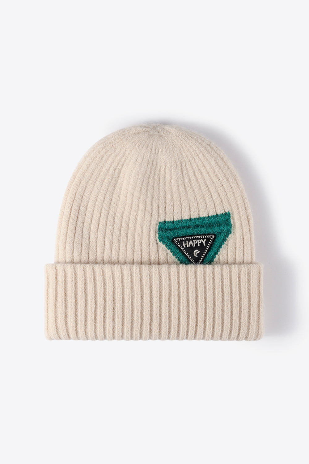 Beige ribbed acrylic beanie with green triangle "HAPPY" patch detail
