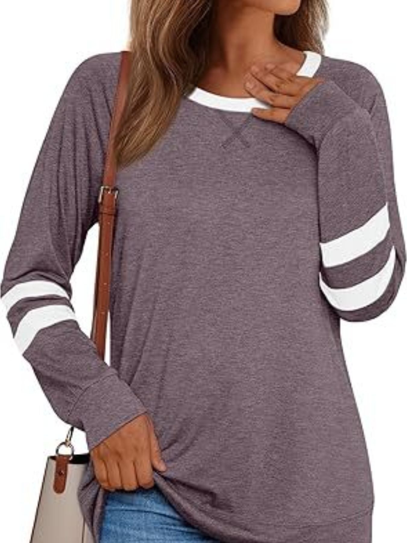 Heathered Mauve long sleeve t-shirt with white stripes on sleeves and white neckline.