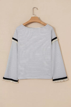 Stripe Contrasted Ruffle Trim Loose Long Sleeve Top in Stripe, product detail