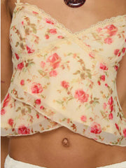 Floral lace trim cami top with a v-neck and rose print