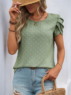 Sage textured dot puff sleeve blouse with round neckline and short sleeves.