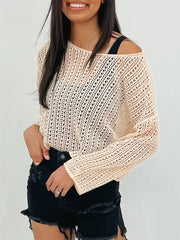 Open-knit slouchy shoulder sweater in tan with a relaxed fit and long sleeves.