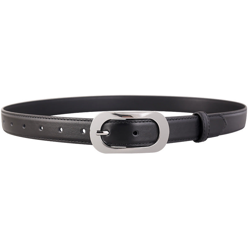 Black cowhide belt with polished silver oval buckle and adjustable holes