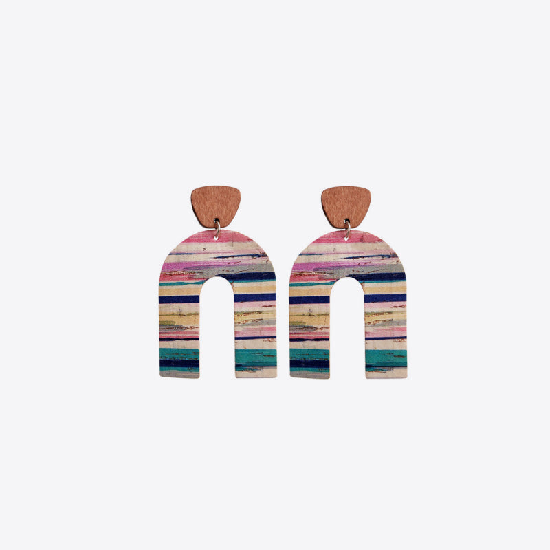 Archway cork statement earrings with multicolor stripe pattern and wood accent.