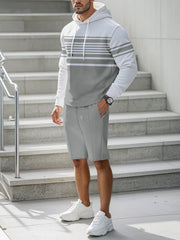 Men's light gray textured stripe hoodie and shorts set with drawstring.