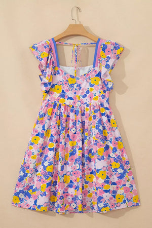 Floral flutter sleeve mini dress with square neck and tie back.