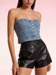 Structured denim tube top with button detail, strapless, cotton blend, casual chic style.
