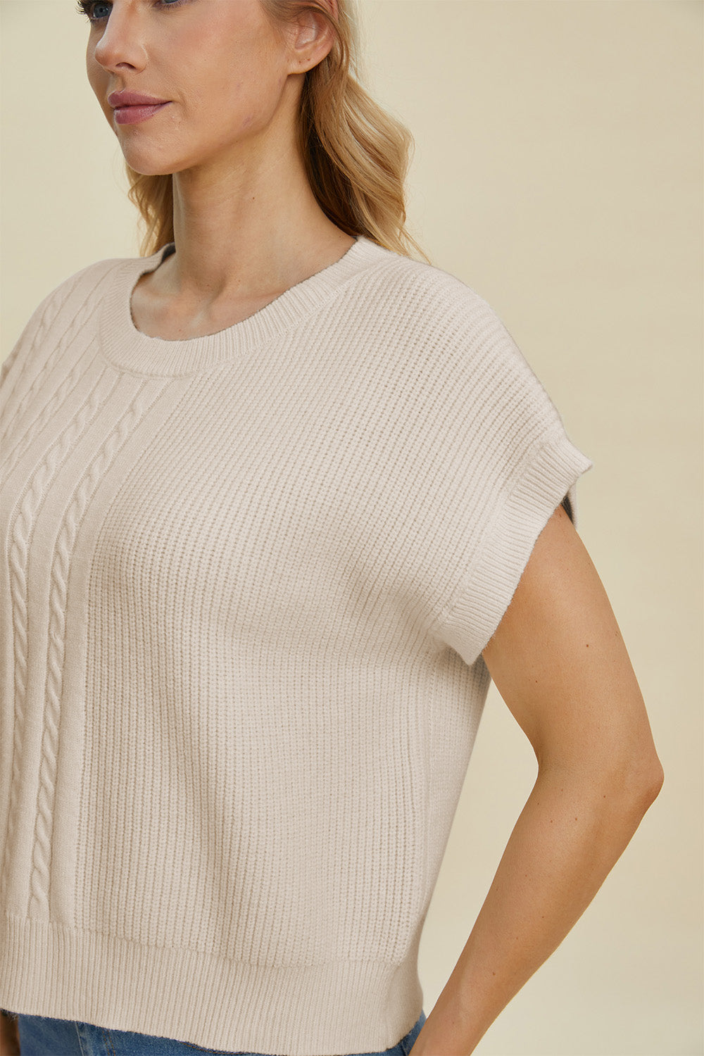 Beige cable knit cap sleeve pullover sweater with crew neck