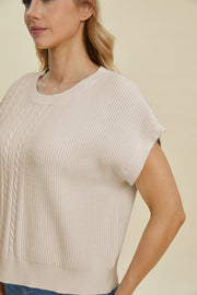 Beige cable knit cap sleeve pullover sweater with crew neck