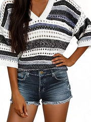 V-neck Ribbed Sweater in Green Stripes, editorial view