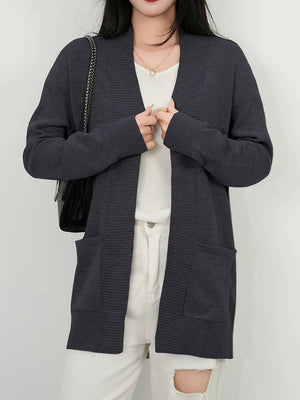 Dark gray textured knit open-front cardigan with pockets and ribbed cuffs.