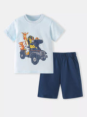 Baby boys light blue cotton safari adventure tee and navy shorts set.