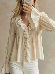 Ruffled V-neck Flounce Sleeve Blouse in Off-white, front view