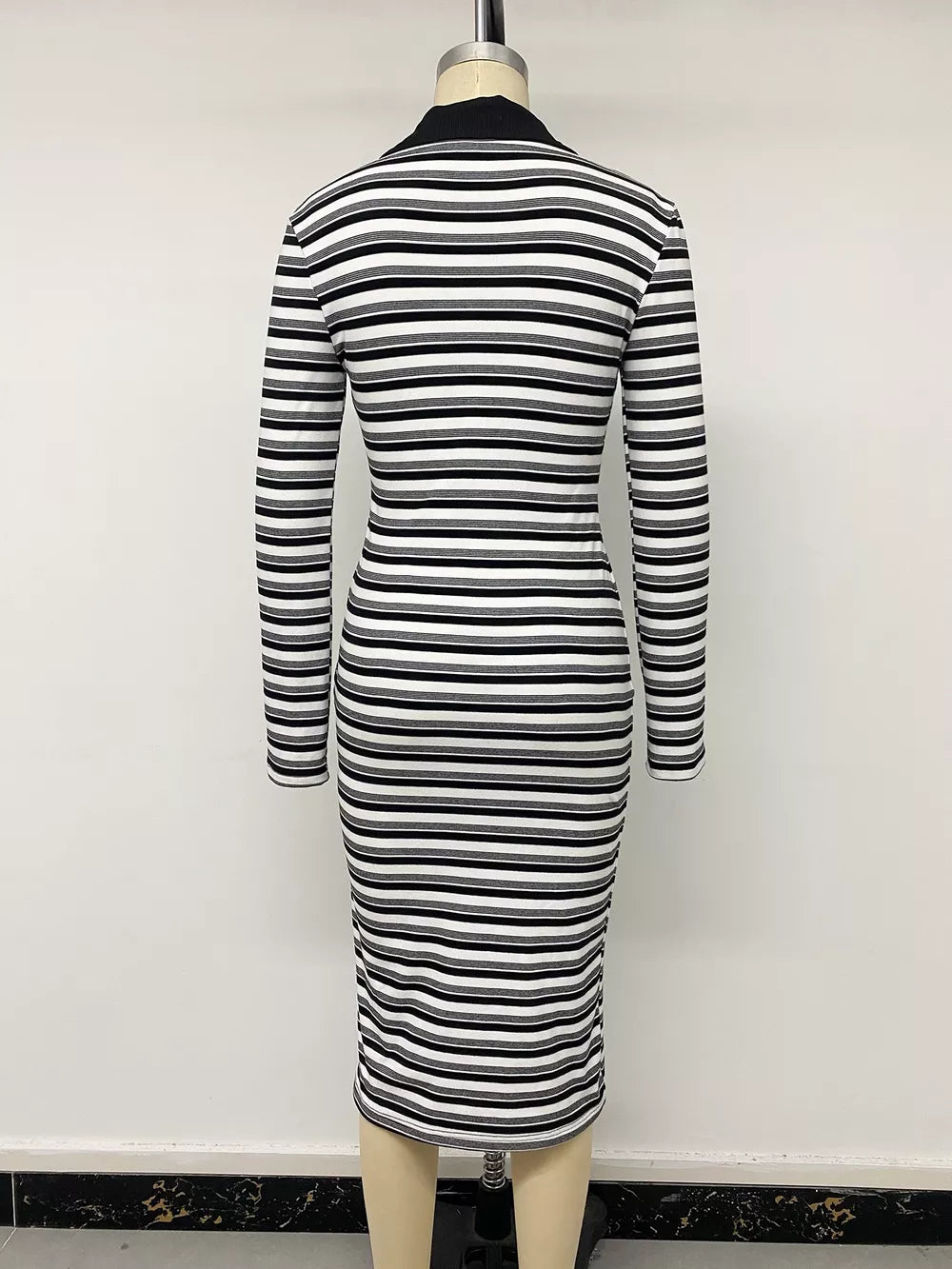 Striped Polo Collar Midi Dress in Black, fit detail