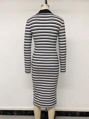 Striped Polo Collar Midi Dress in Black, fit detail