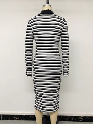 Striped Polo Collar Midi Dress in Black, fit detail