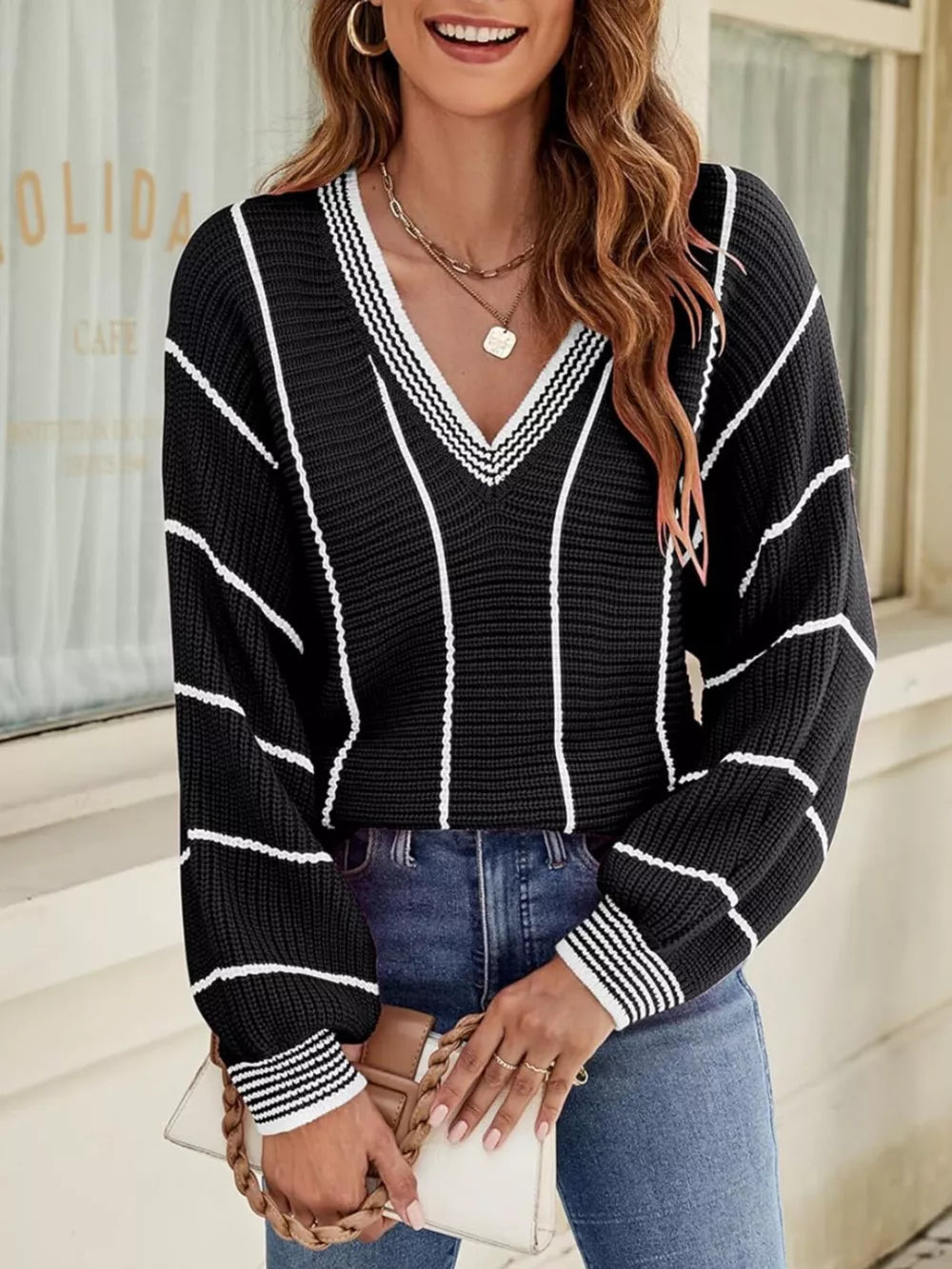V-neck Striped Contrast Sweater in Dark Green, fabric detail