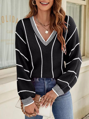V-neck Striped Contrast Sweater in Dark Green, fabric detail