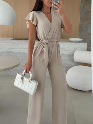 Surplice Ruffle Sleeve Wide Leg Jumpsuit in Black, back view