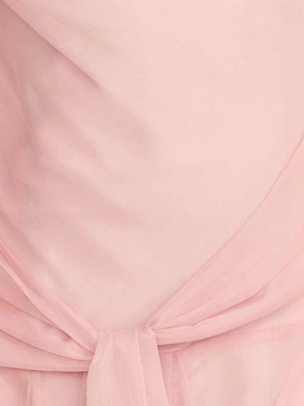Pink maxi dress with draped knot detail and subtle vertical texture.