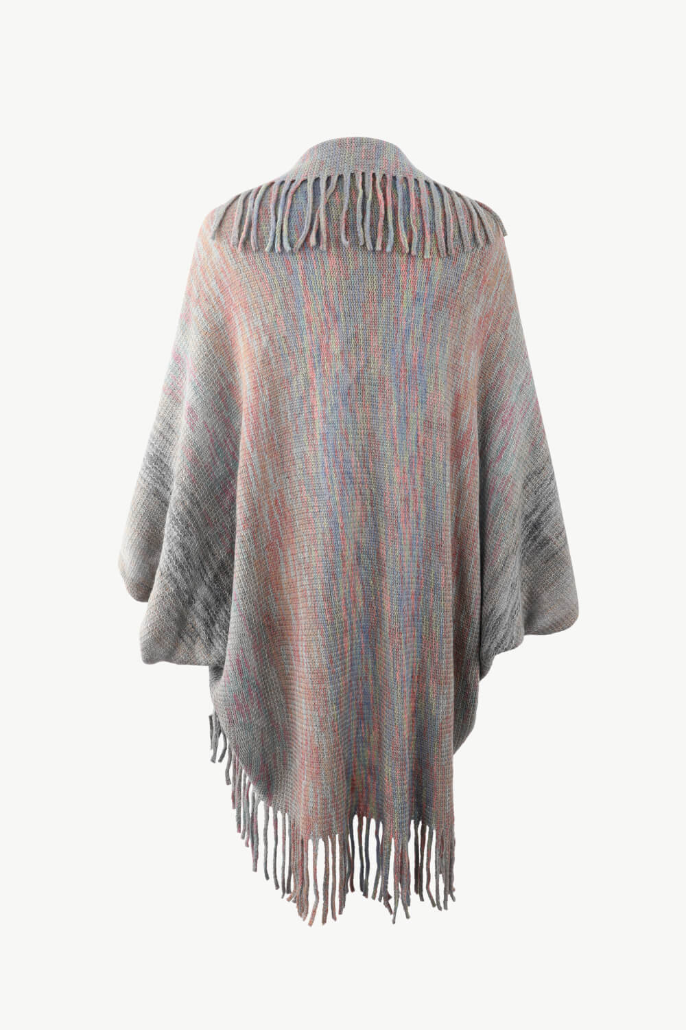 Textured stripe fringe cape in multicolor acrylic with fringe detail.