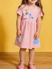 Toddler cotton dress with charming appliqué, embroidered detail.