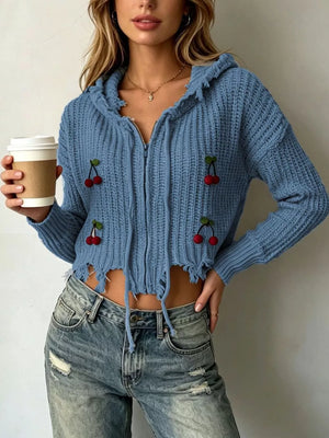 Cherry Knit Zip-up Hooded Sweater in Black, fit detail