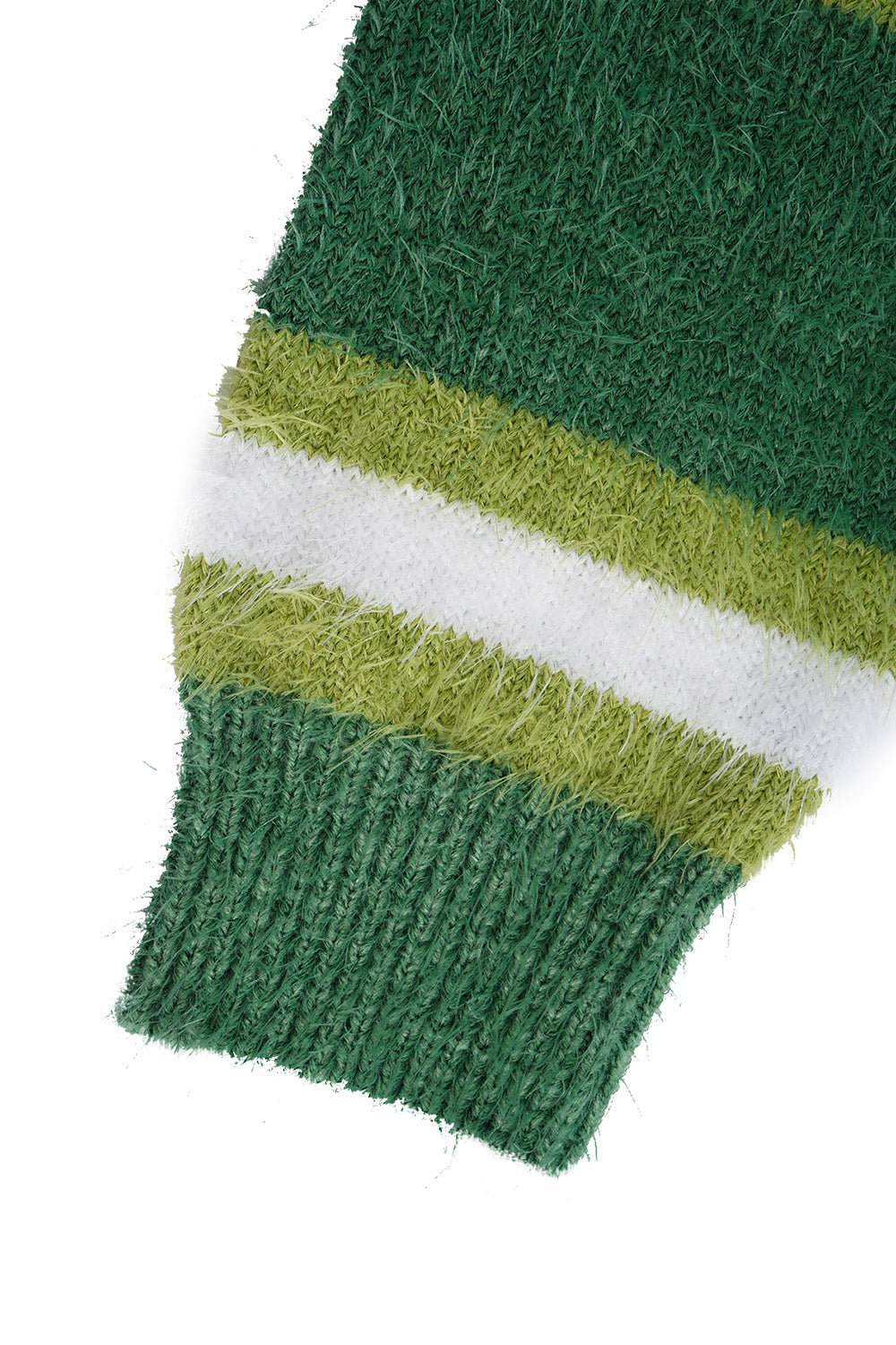 Green striped knit cardigan with textured acrylic fabric and ribbed cuff detail.