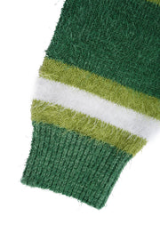 Green striped knit cardigan with textured acrylic fabric and ribbed cuff detail.