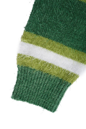 Green striped knit cardigan with textured acrylic fabric and ribbed cuff detail.