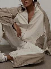 Color Block Zip Up Outerwear And Pants Set in Grey, fabric detail