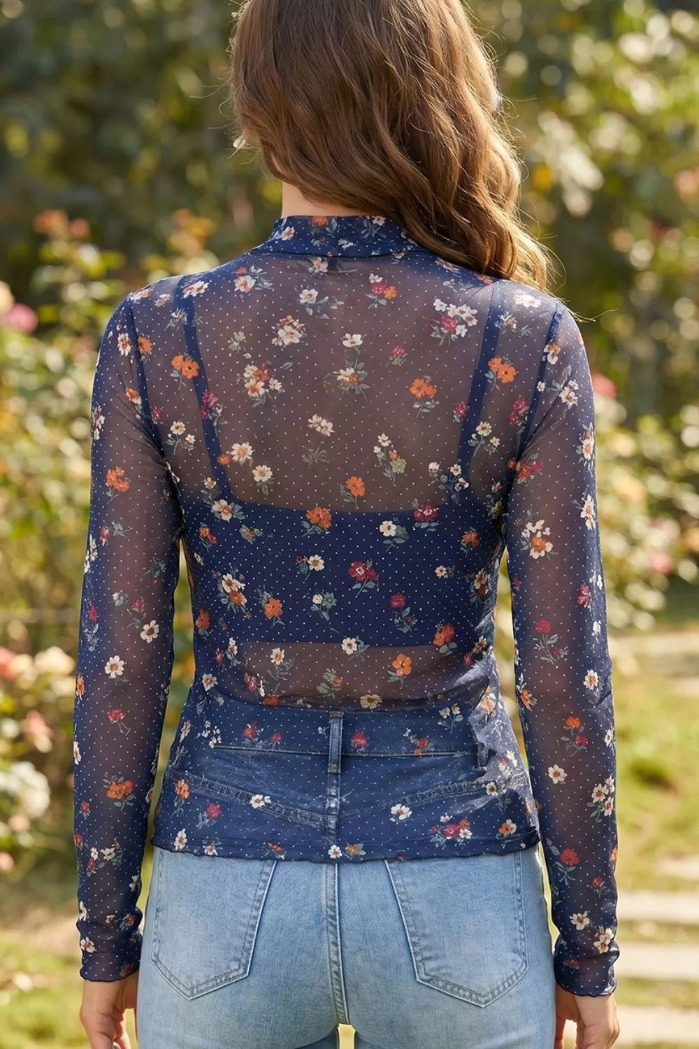 Polka Dot Floral Mesh Long Sleeve Top in Navy, close-up detail